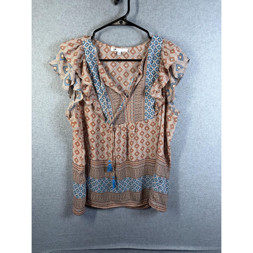 DR2 Blouse Womens Large Multicolor Geometric Tassel Flutter Sleeve Boho Top